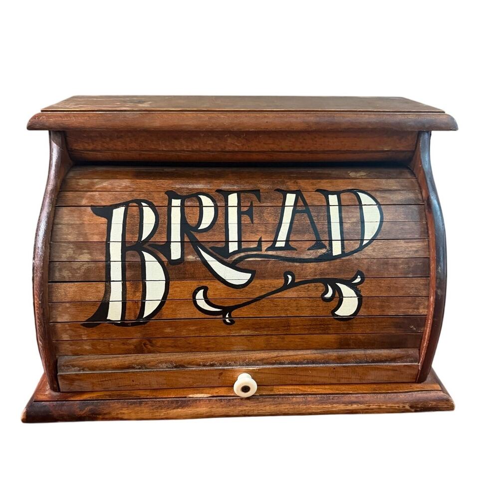 Vintage MCM Roll Top Bread Box Top Storage Primitive Rustic Farmhouse Dark Wood